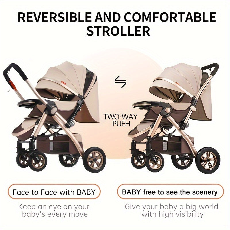 Kids Stroller Khaki and Brown Striped with High Carbon Steel Frame One-Hand Fold Front-Facing