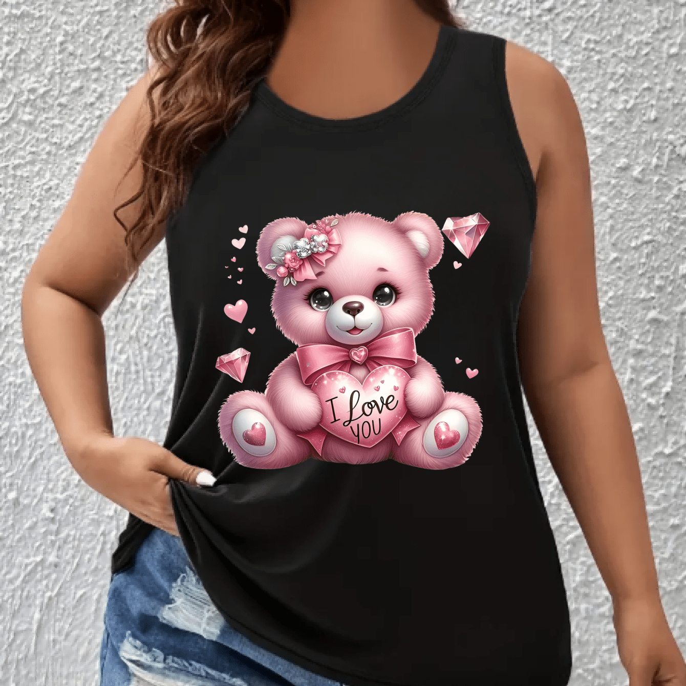 Women's Plus Size Cotton Blend Tank Top Cute Cartoon Bear Pink Sleeveless Shirt