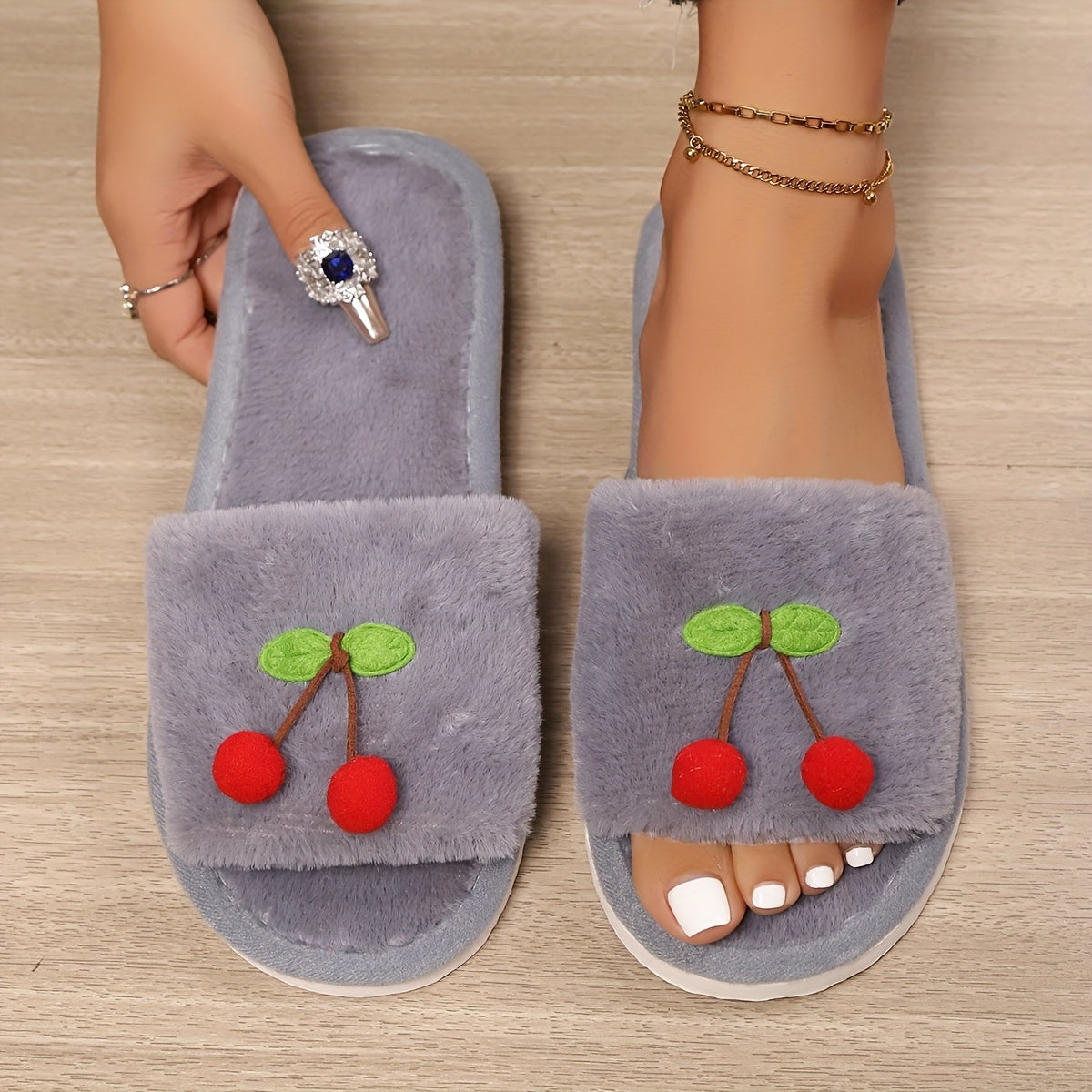 Women's Cherry and Green Leaf Slip-On Slippers, Soft EVA Sole, Indoor Outdoor