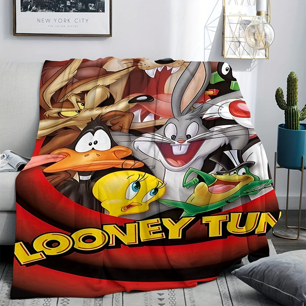 Looney Tunes Cartoon Characters Polyester Knitted Blanket Lightweight Throw for Bed Couch Travel