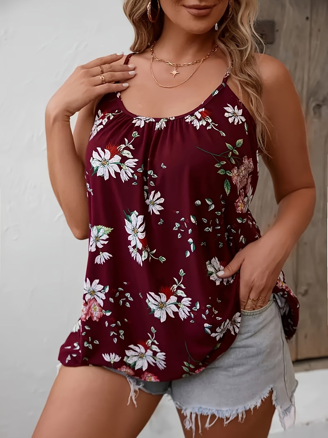 Plus Size Floral Print Sleeveless Cami Top for Women Casual Summer Blouse