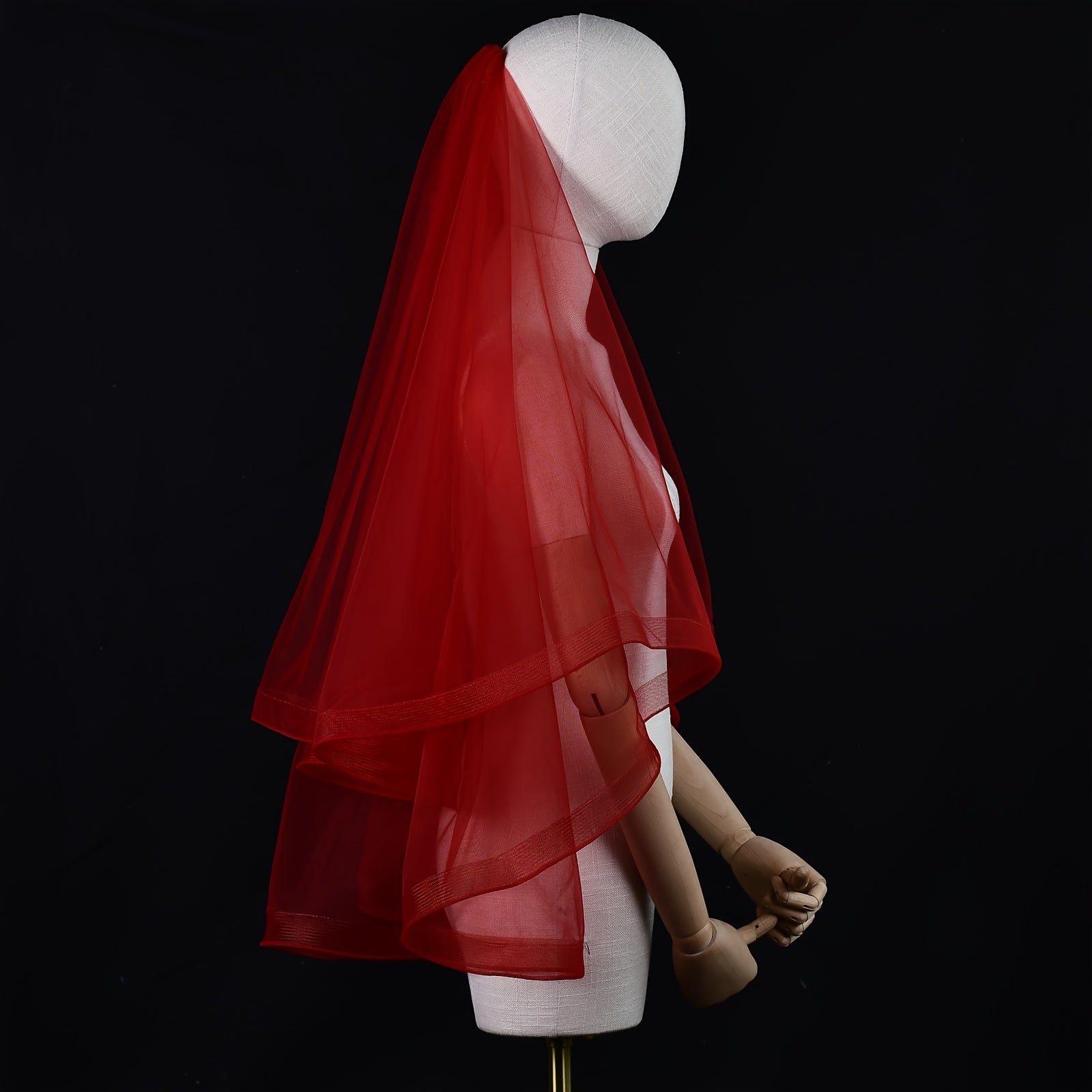 Red Bridal Veil 2-Tier Short Nylon Wedding and Party Accessory