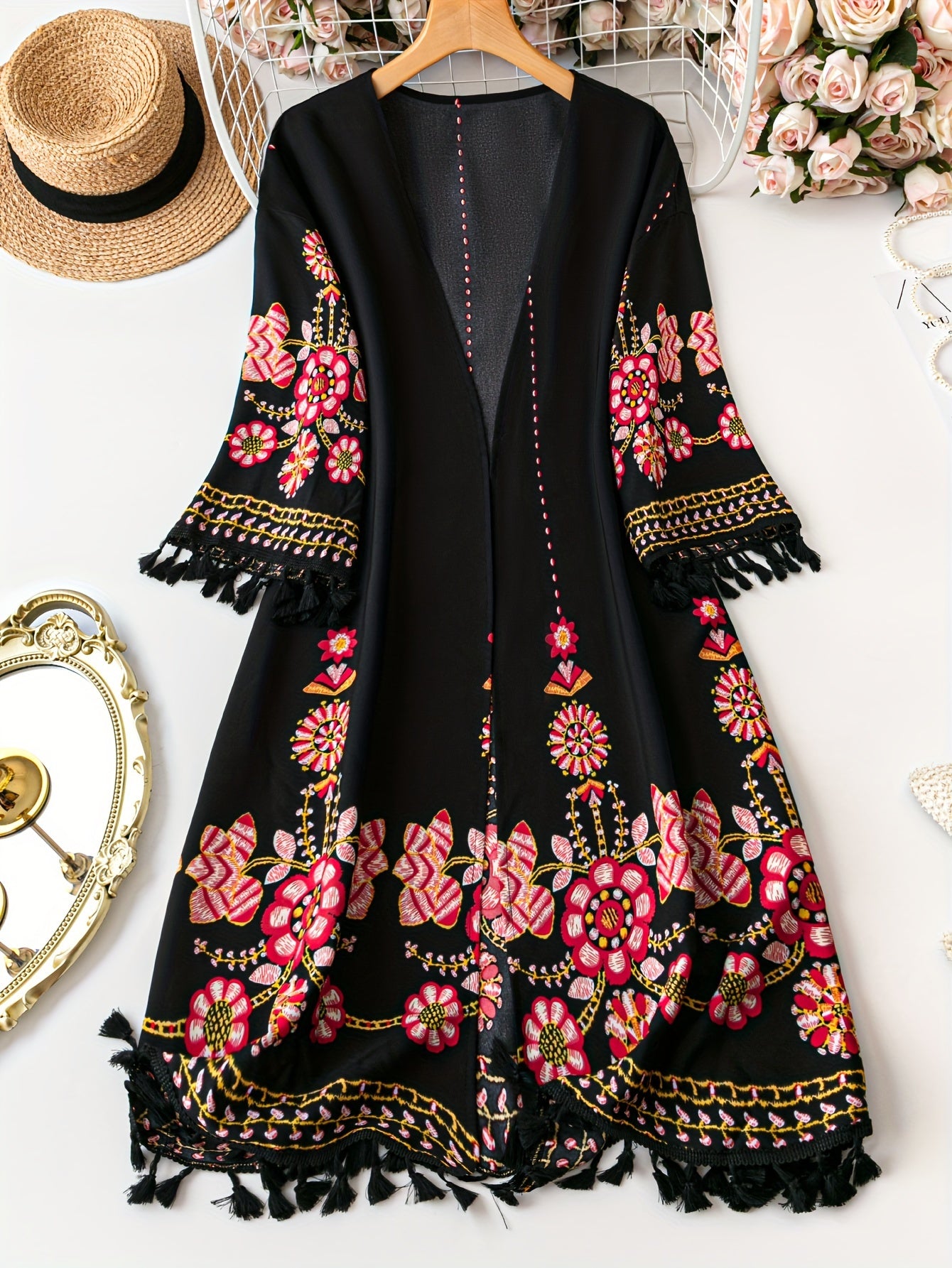 Plus Size Floral Sheer Polyester Tassel Cardigan for Spring Summer Women
