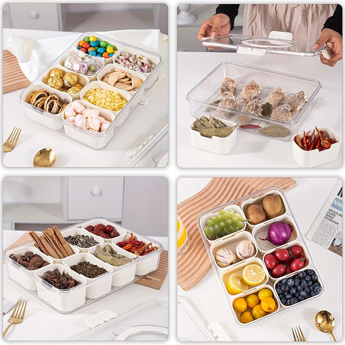 Square Food Storage Lunch Box with 4/8/9 Compartments and Handles Plastic Tray