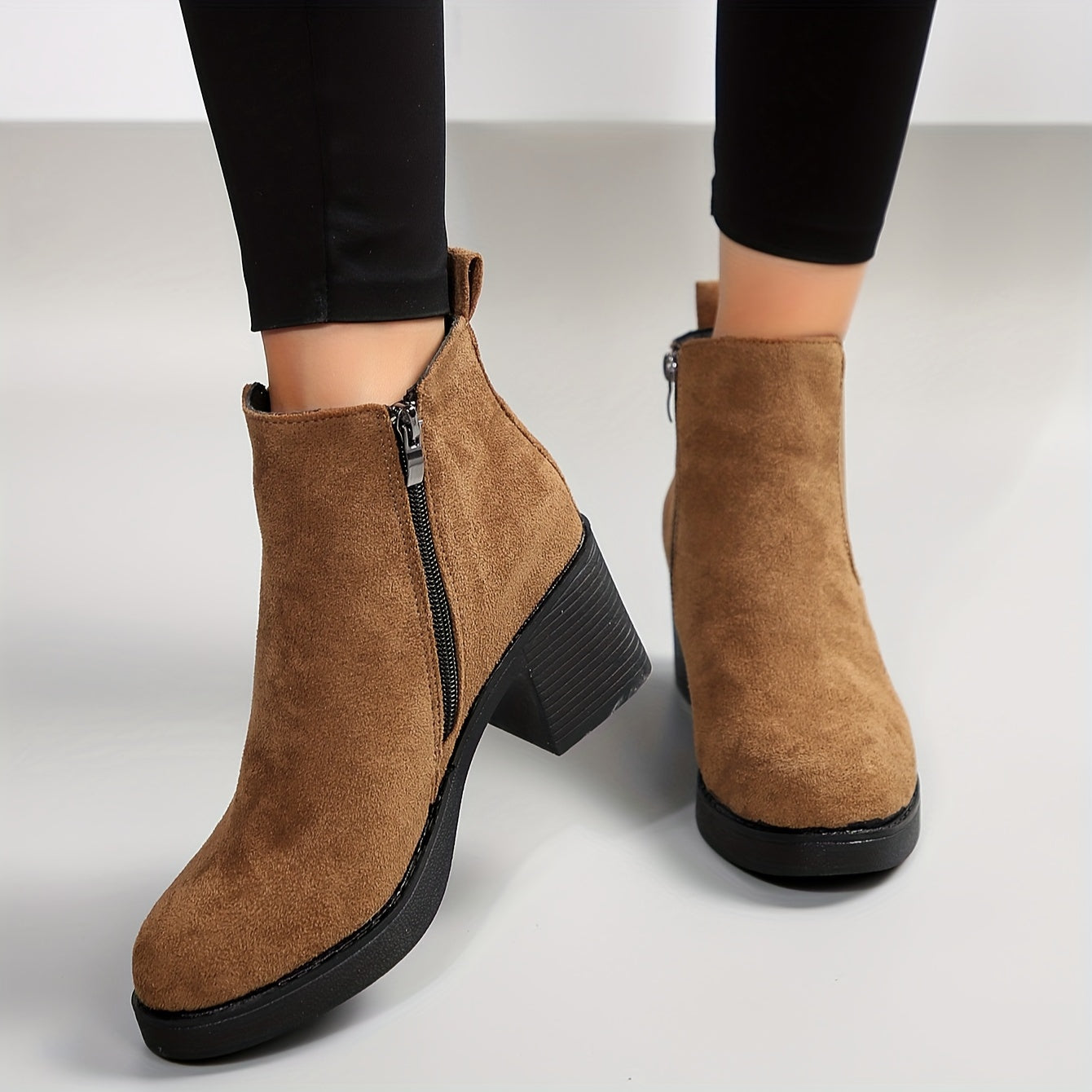 Women's Deer Chunky Heel Ankle Boots Black Non-Slip Warm Lined Short Boots