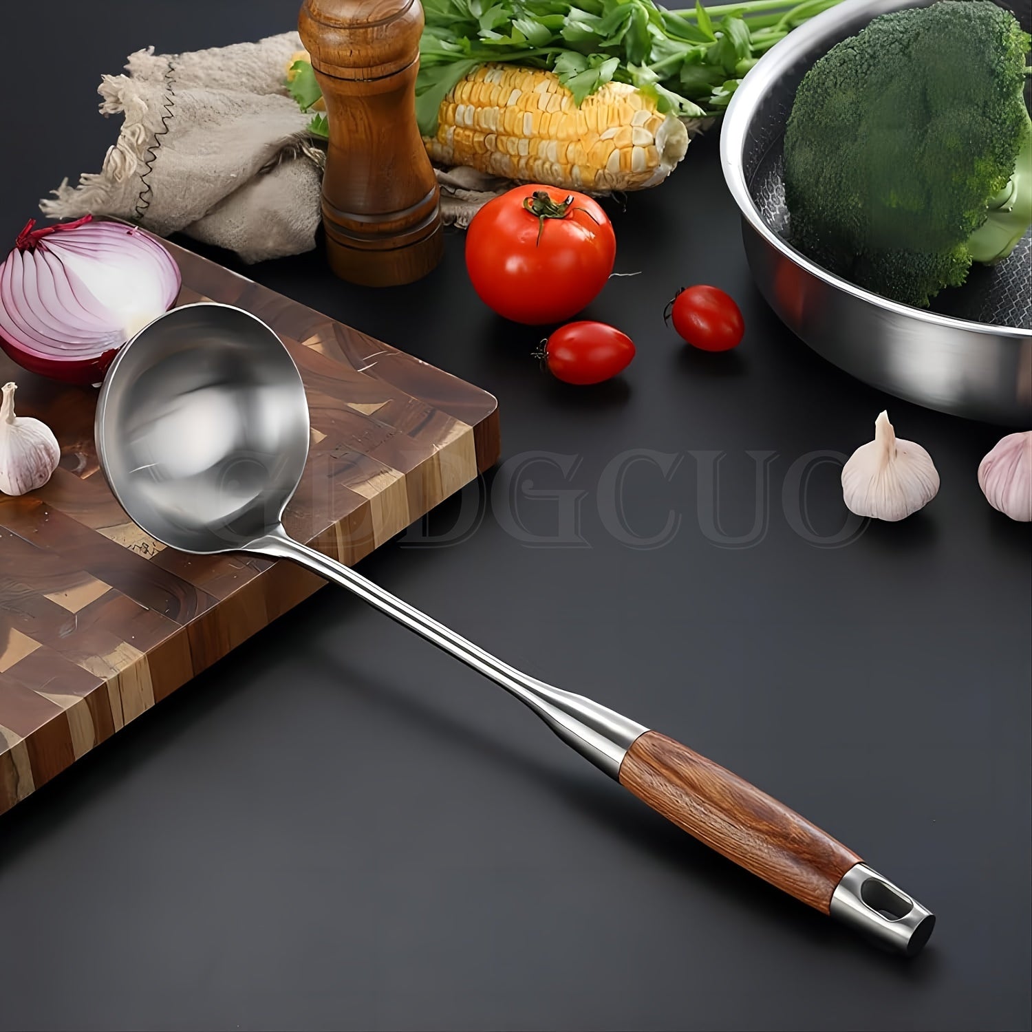 Seven-Piece Stainless Steel Cooking Utensil Set with Rotating Storage Stand