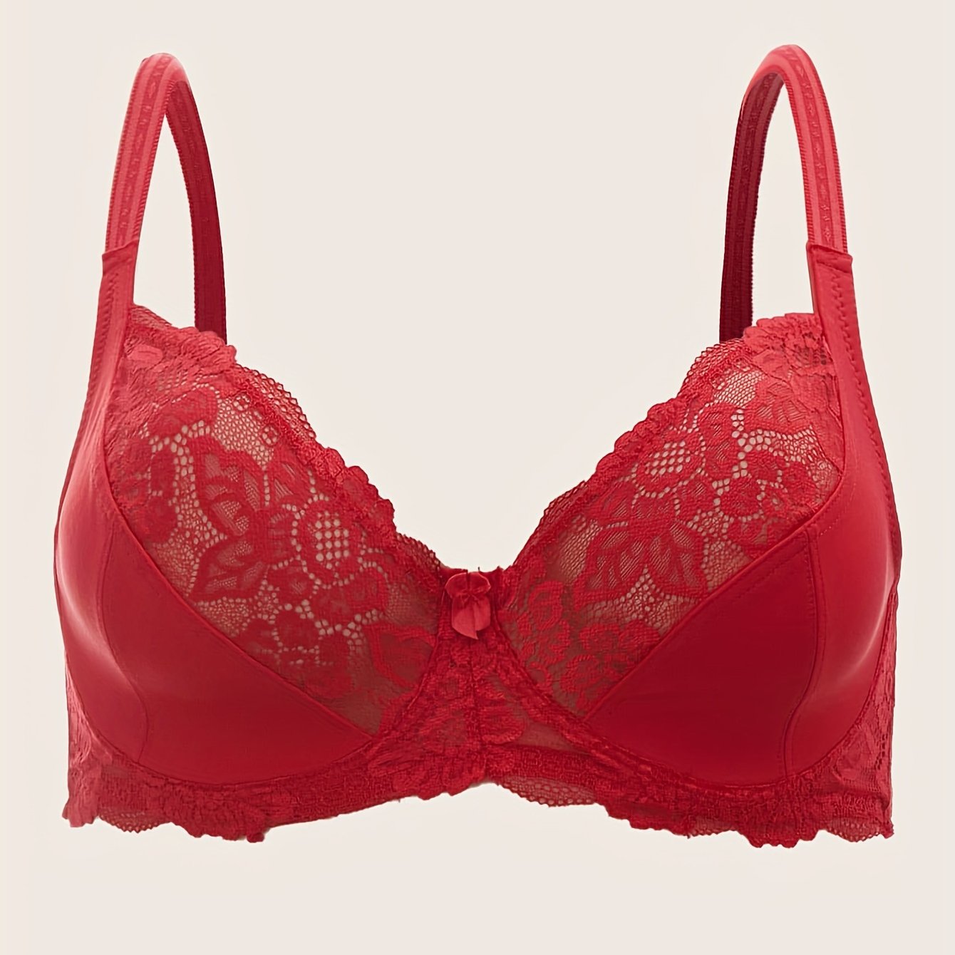 Plus Size Elegant Underwired Non-Padded Bra with Bow and Contrast Lace