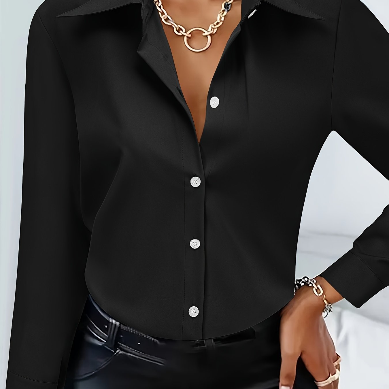 Women's Black Long Sleeve Button-Up Shirt Polyester Casual Office Wear