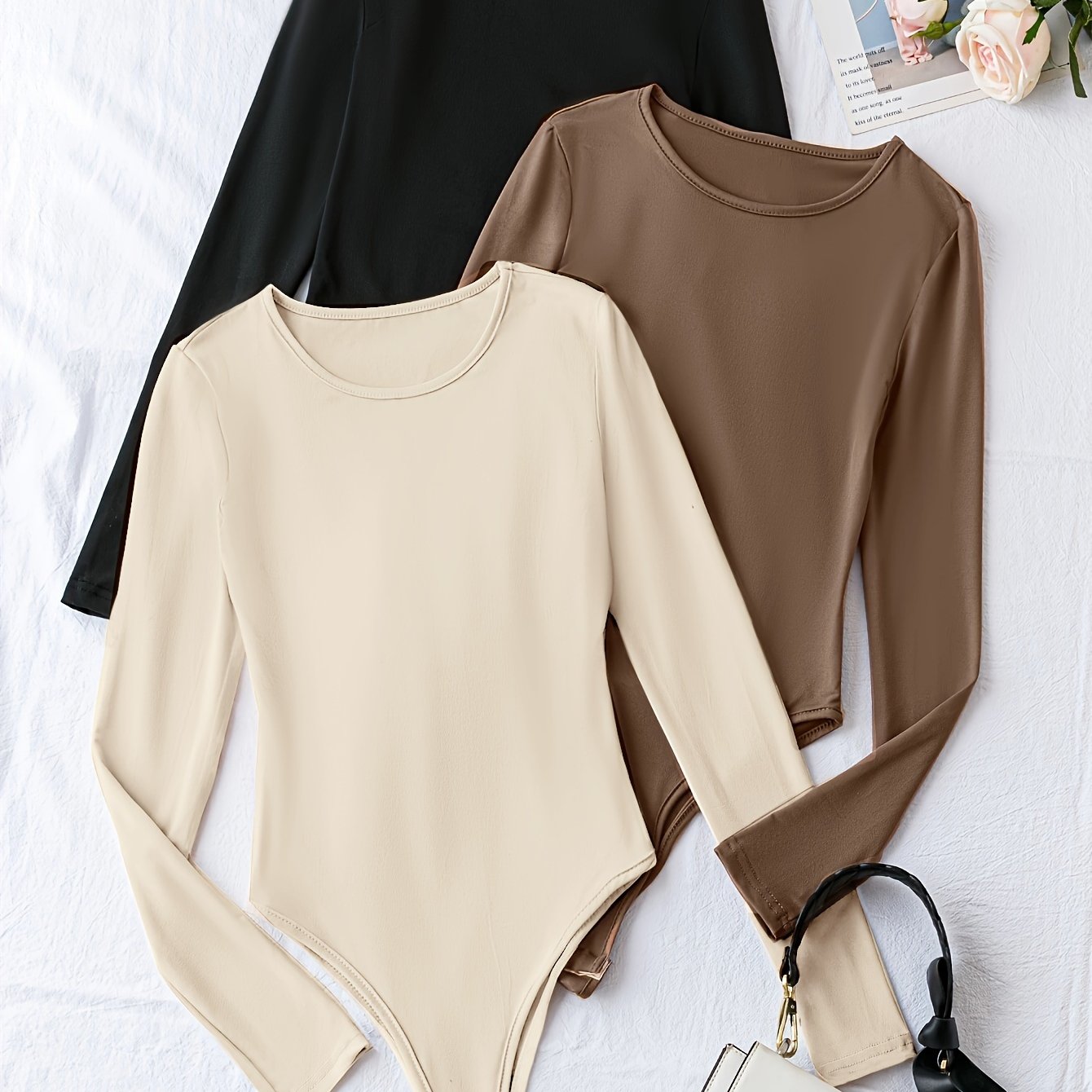 Women's Solid Polyester Crew Neck Long Sleeve Bodysuits Pack of Three Casual One-Piece Clothing