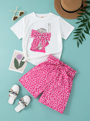 Girls Summer Outfit Set with Floral Shorts and Crew Neck Short Sleeve Top