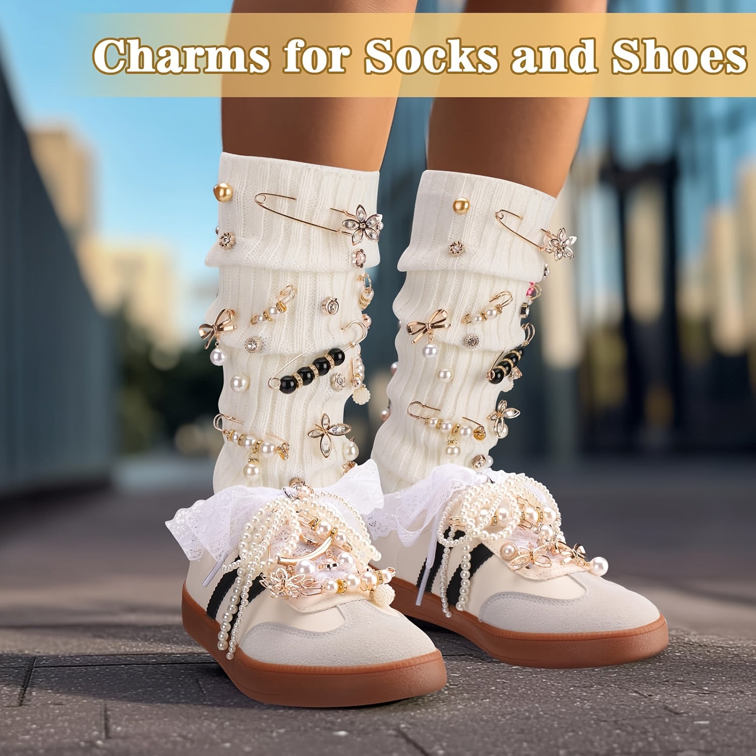 Women Sports Shoe Socks Set With Pearl Shoelace Decorations and Brooches