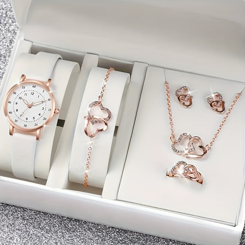 Набор из 6 женских повседневных кварцевых часов с кожаными ремешками и набором украшений