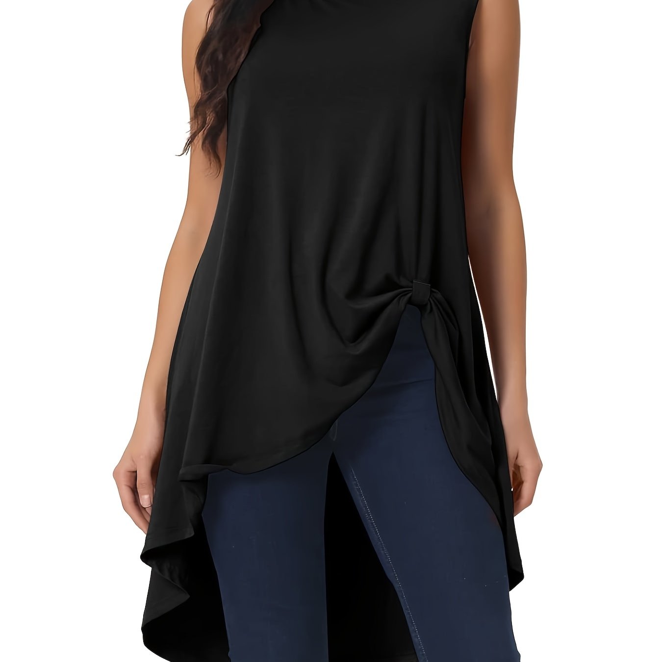 Top asimétrico sin mangas de cuello alto para mujer negro poliéster casual formal
