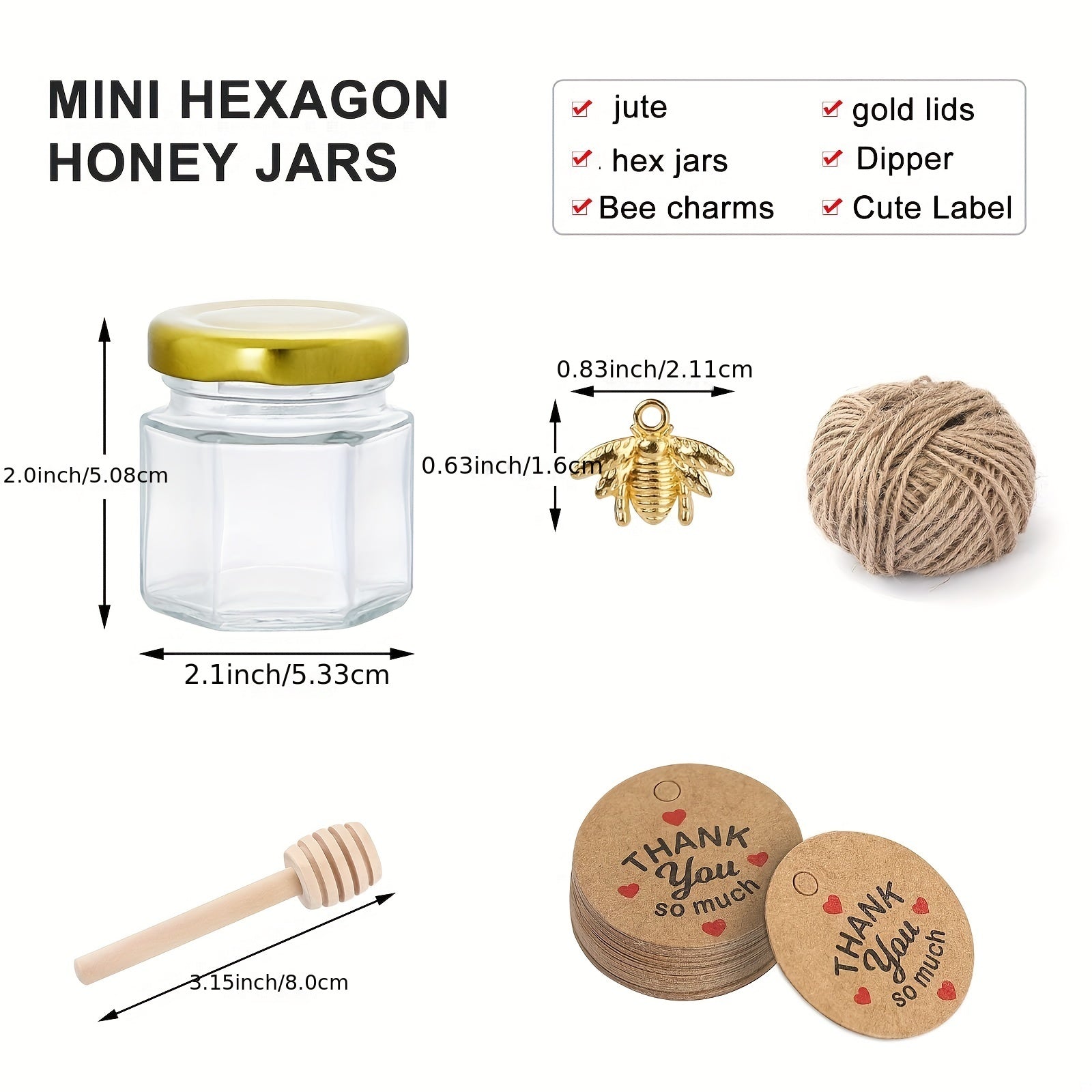 Small Hexagonal Glass Honey Jars 1.5 oz Sets of 20 30 50 or 60 with Spoons Bee Symbols and Thank You Cards