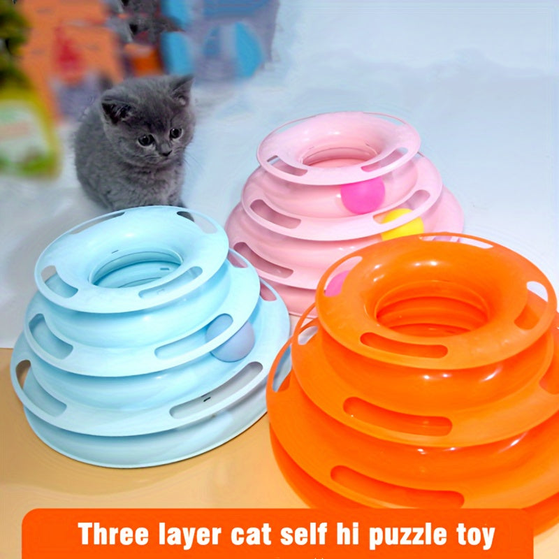 Three-Level Cat Toy Tower with Rotating Balls Durable Plastic No Batteries Included