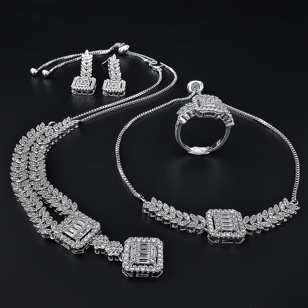 Elegant 4-Piece Jewelry Set Cubic Zirconia Necklace Earrings Bracelet Ring for Weddings