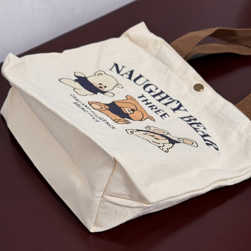 Uzoq muddatli Kvadrat Kanvas Ovqat Sumkasi, Uchta Yovuz Ayı Dizayni bilan Hayvon Mavzusi - Talabalar va Ofis Ishchilari uchun Mukammal Qo'l Yuviladigan Sumka.