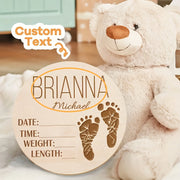 Personalized Wooden Baby Birth Announcement Sign with Custom Name and Footprint Keepsake