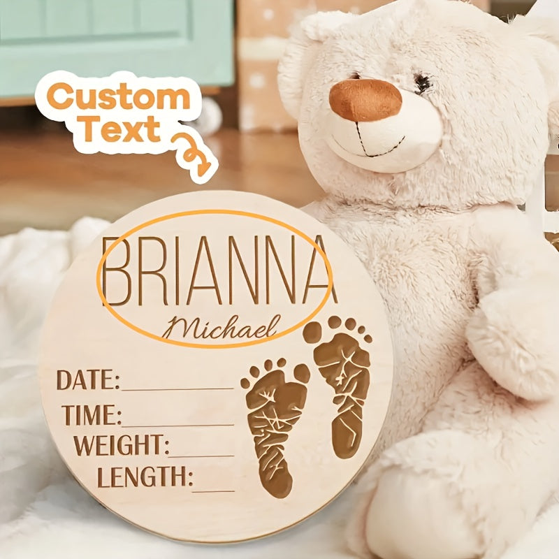 Personalized Wooden Baby Birth Announcement Sign with Custom Name and Footprint Keepsake