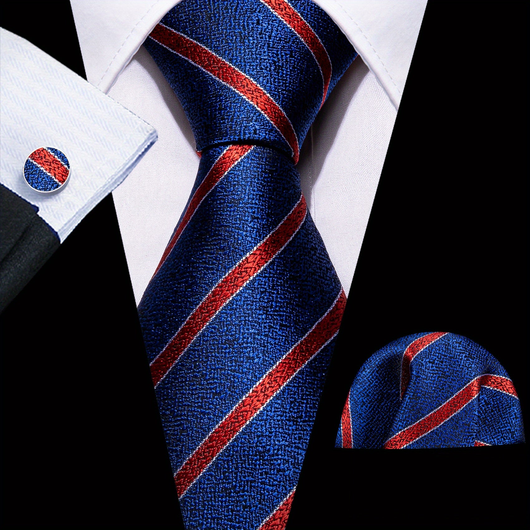 Men's Classic Striped Tie Set with Matching Handkerchief and Cufflinks for Formal and Casual Wear