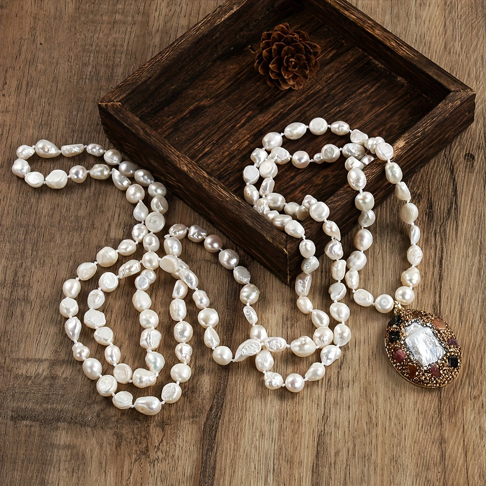 Natural Biwa Pearl Necklace 150cm Freshwater Pendant Bohemian Jewelry for Daily Wear