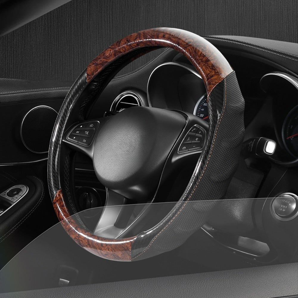 Universal Wooden and Faux Leather Steering Wheel Cover Non-Slip Breathable Durable