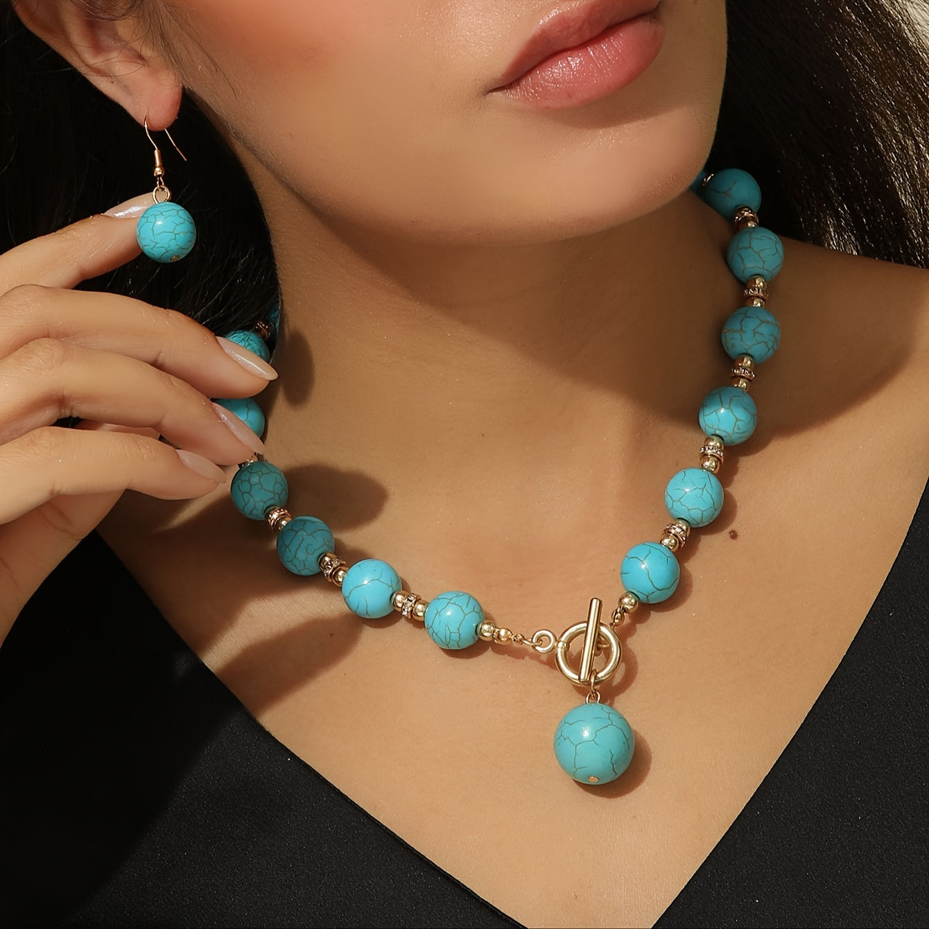 Bohemian Turquoise Beaded Gold Plated Jewelry Set Necklace Earrings for Wedding Engagement Festival