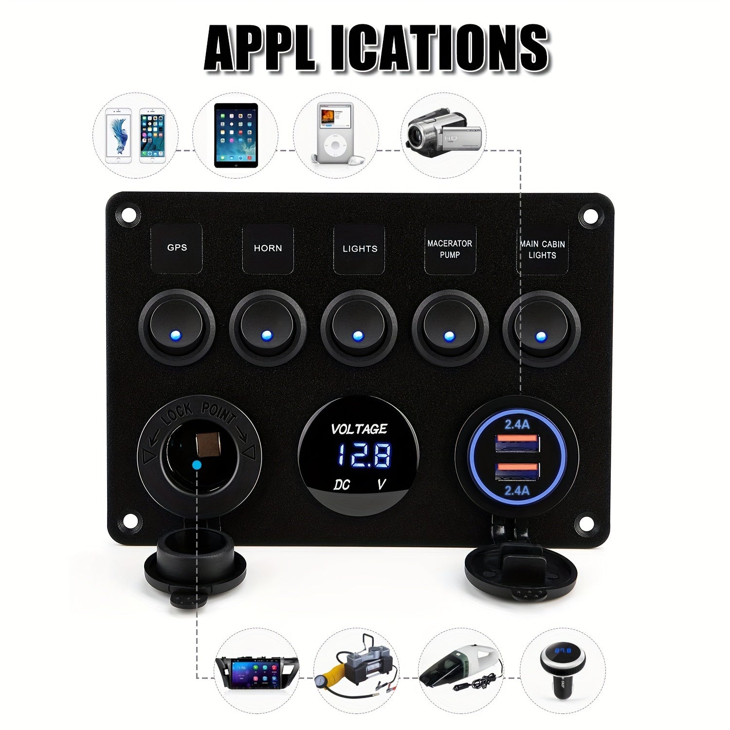 Multi-Functional Rocker Switch Panel with USB Charger Volt Meter Car Yacht