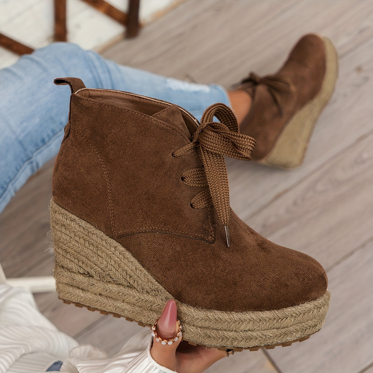 Women's Linen Wedge Ankle Boots Casual Solid Color Lace-Up Platform Shoes