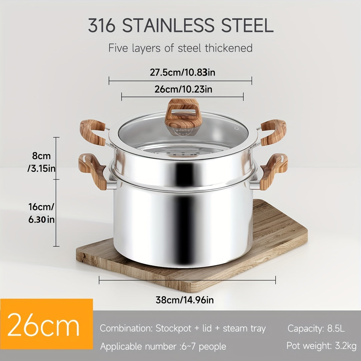 Five-Layer Steel Soup Pot with Steamer Non-Stick Induction Compatible 316 Stainless Steel