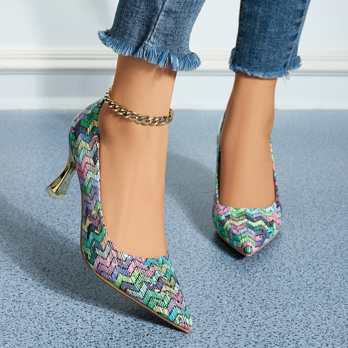 Women's Faux Leather Stiletto Heels Colorful Diamond Pattern Pointed Toe Pumps
