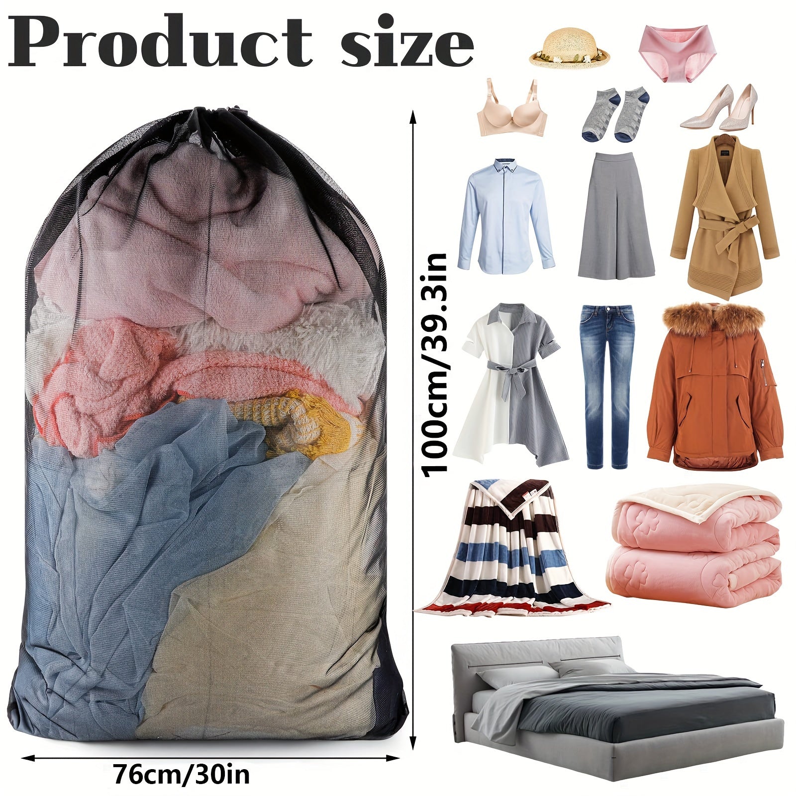 Bolsa de lavandería de malla con cierre de cordón 68x92 cm poliéster almacenamiento ovalado para viajes