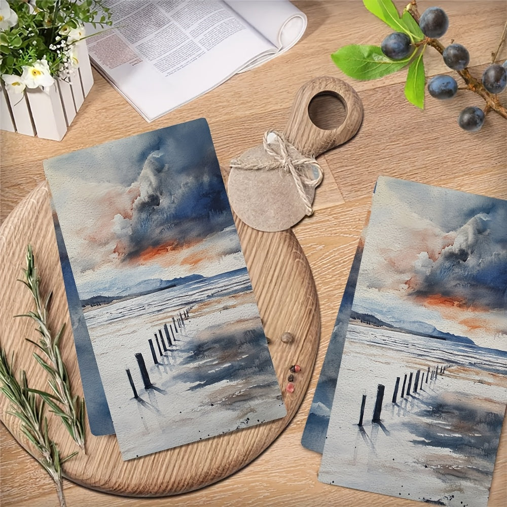 Set of 2 Sea View Kitchen Towels 16x24 Inch Soft Absorbent Holiday Decor