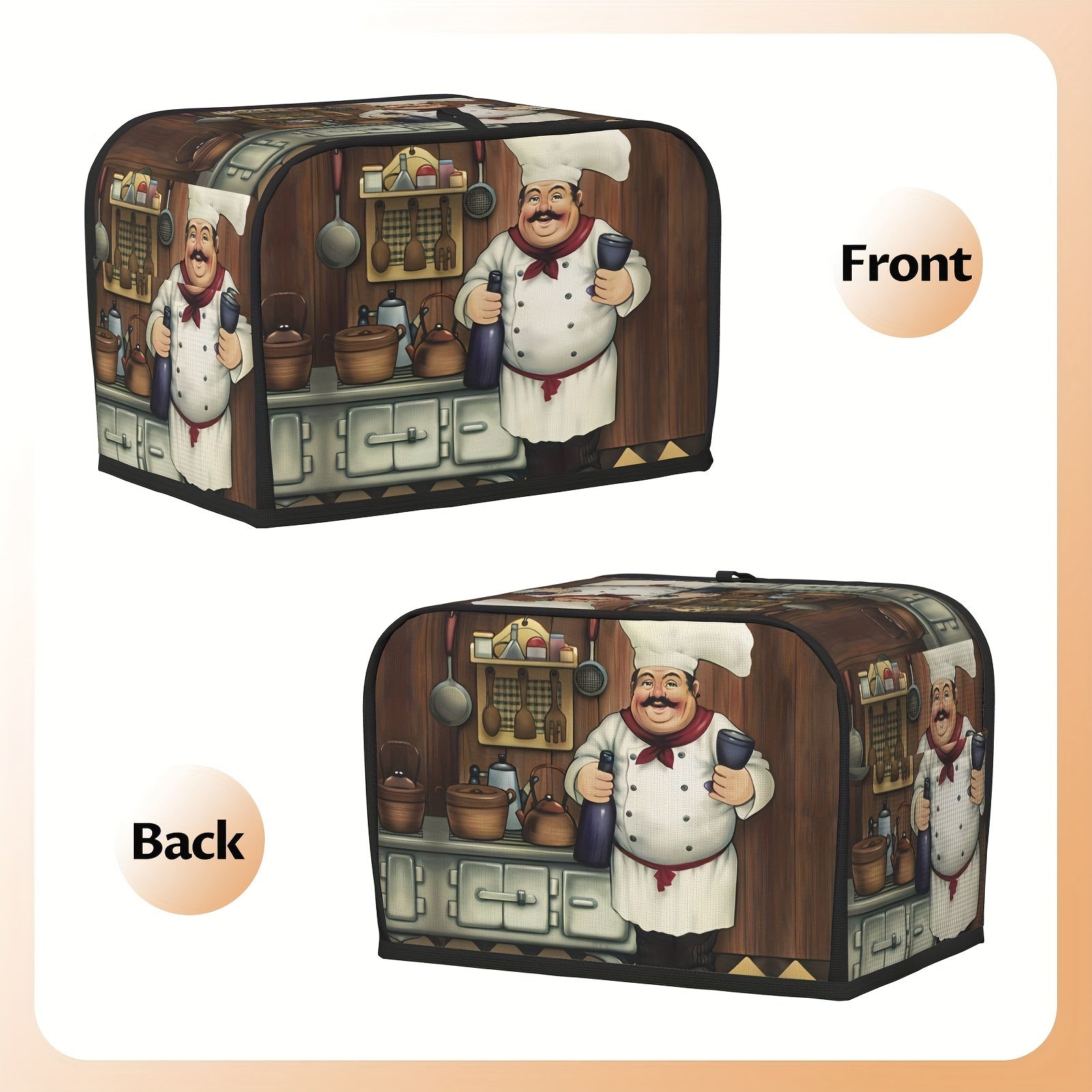 Vintage Farmhouse uslubidagi tost qopqog'i, kulgili semiz oshpaz dizayni bilan, standart 2/4 bo'lakli tostlar uchun yuvilishi mumkin bo'lgan changdan himoyalovchi oshxona apparati qopqog'i - osish uchun yuqori tutqichni o'z ichiga oladi.