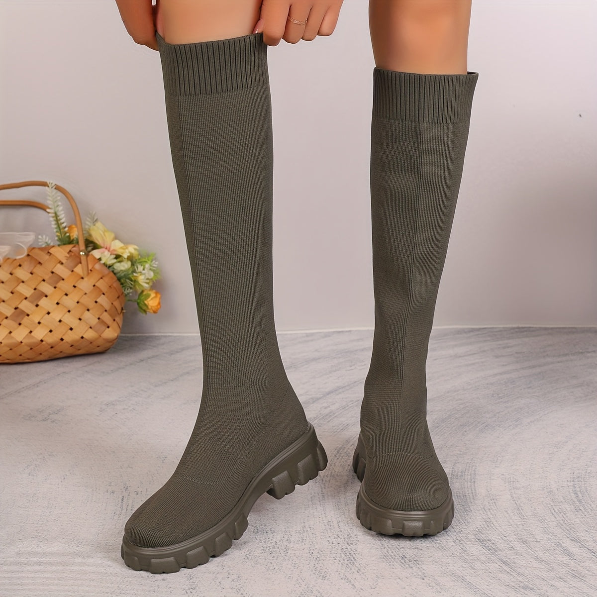 Women's Knee-High Sock Sneakers Black Platform Boots Breathable Fabric