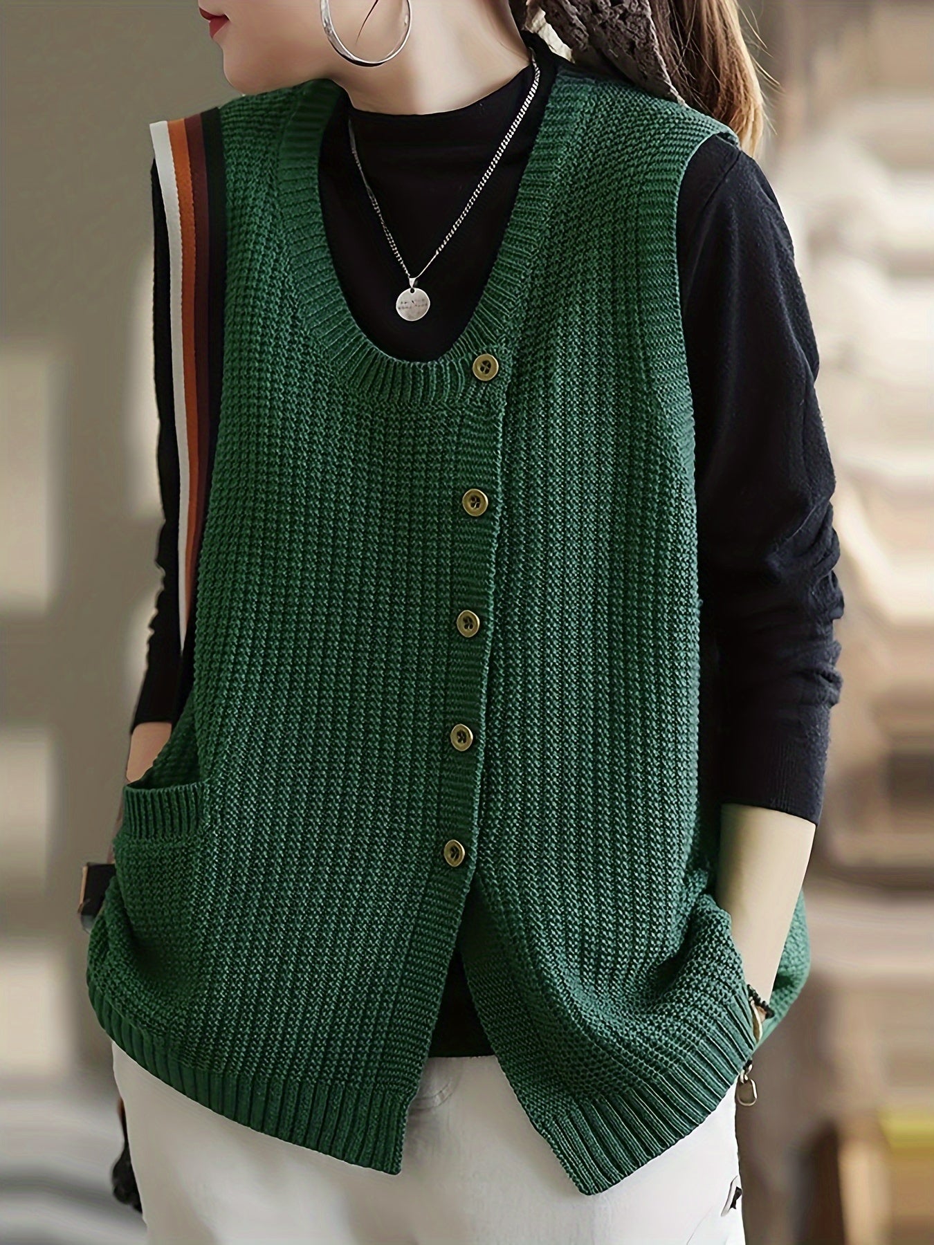 Chaleco de punto sin mangas para mujer talla grande, verde, con botones y bolsillos, primavera y otoño
