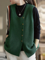 Chaleco de punto sin mangas para mujer talla grande, verde, con botones y bolsillos, primavera y otoño