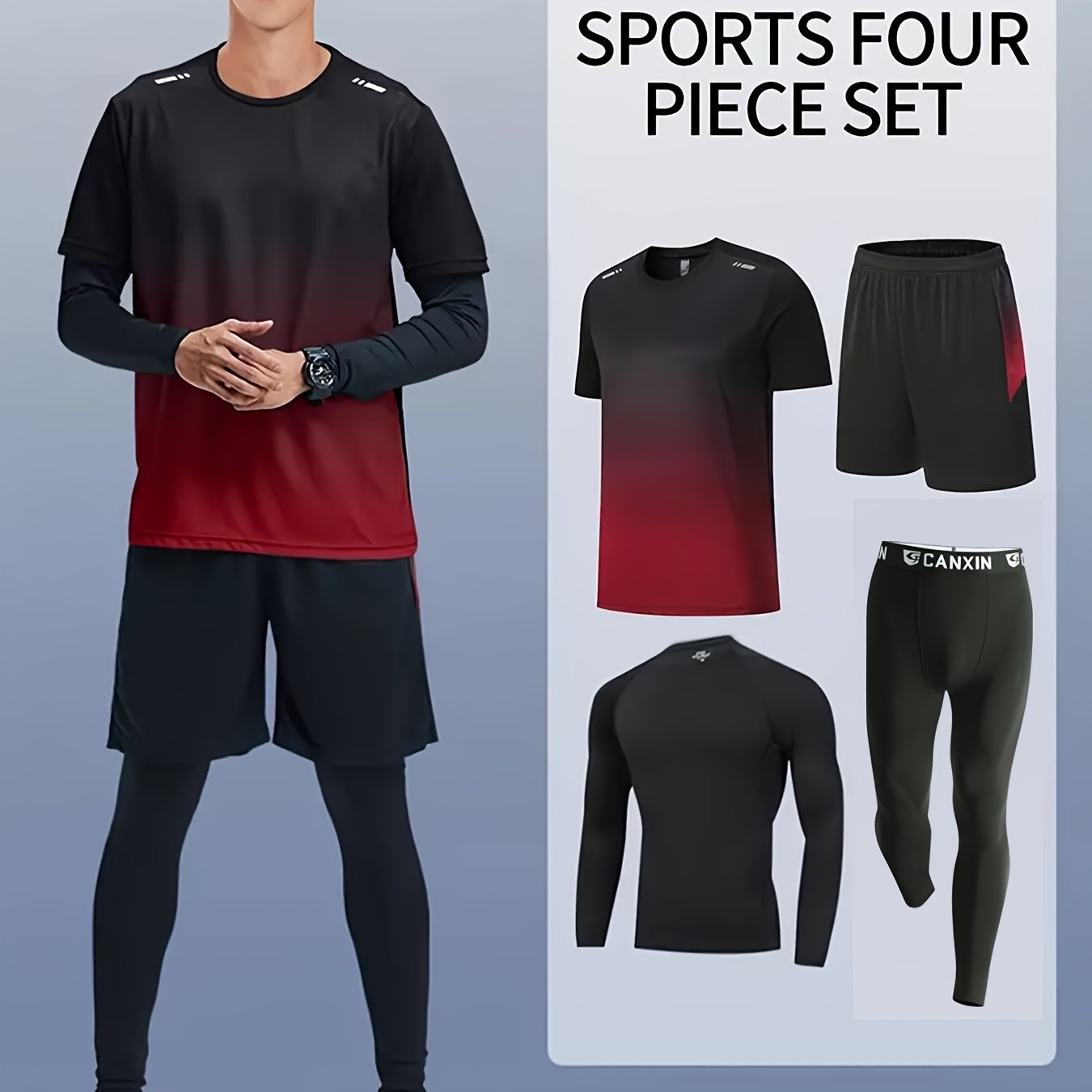 Men's Fitness Suit with Quick-Drying Polyester Shorts and Long-Sleeved Trousers for Outdoor Activities