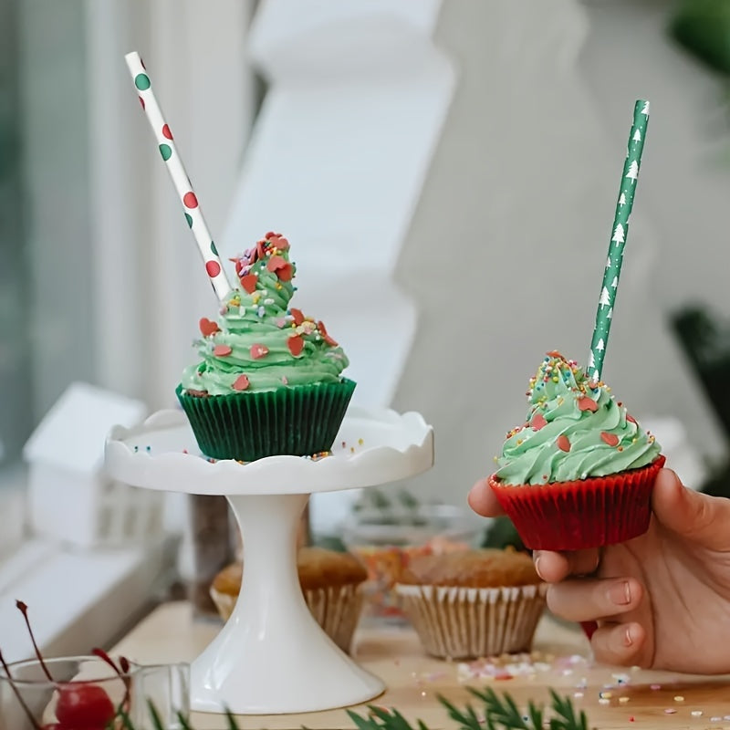 25 Pieces Christmas Paper Straws Snowflake Tree Patterns Biodegradable Holiday Party Supplies