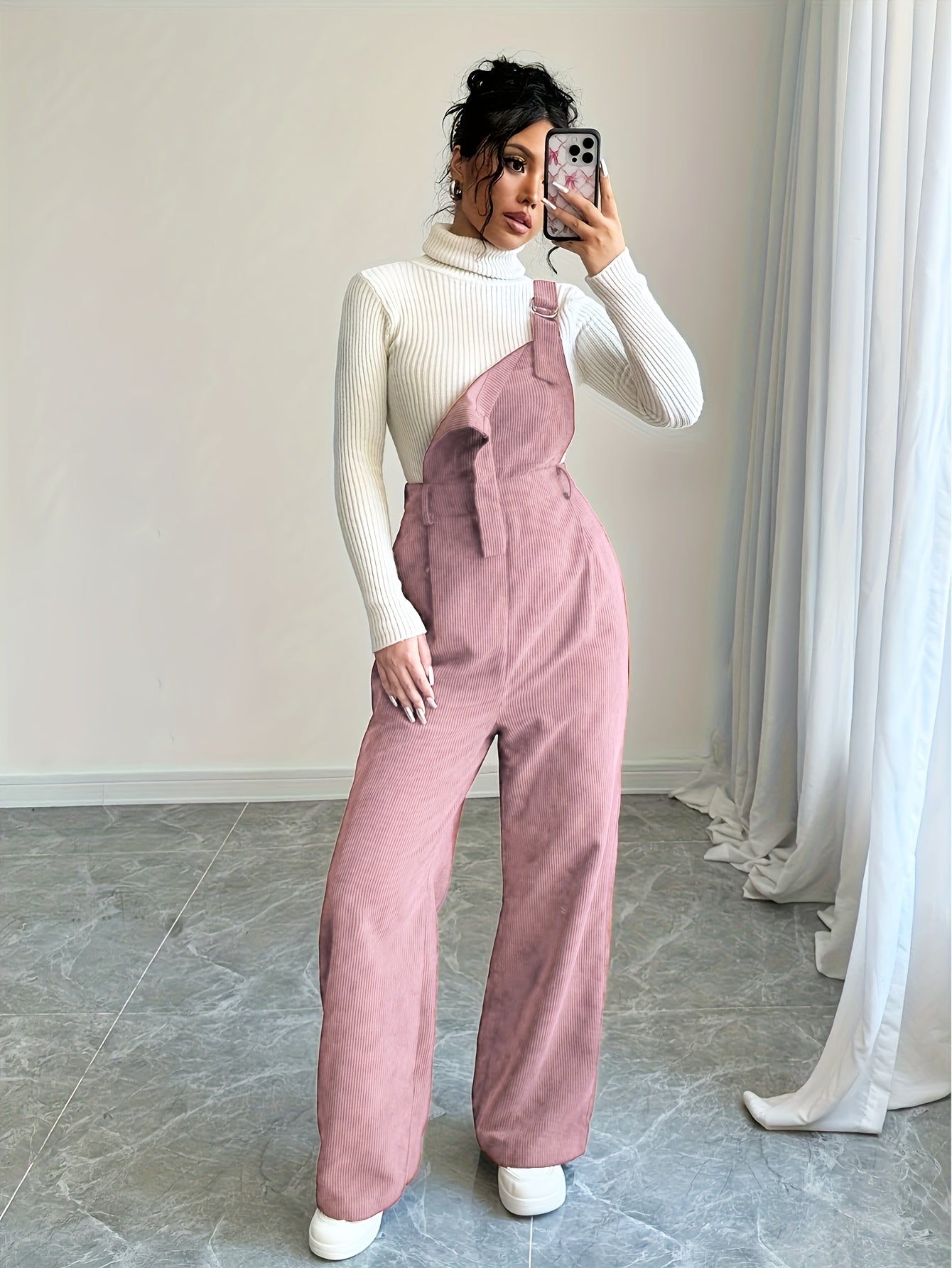 Women's Spandex Polyester Jumpsuit with Wide Straps and Button Details for Fall Winter
