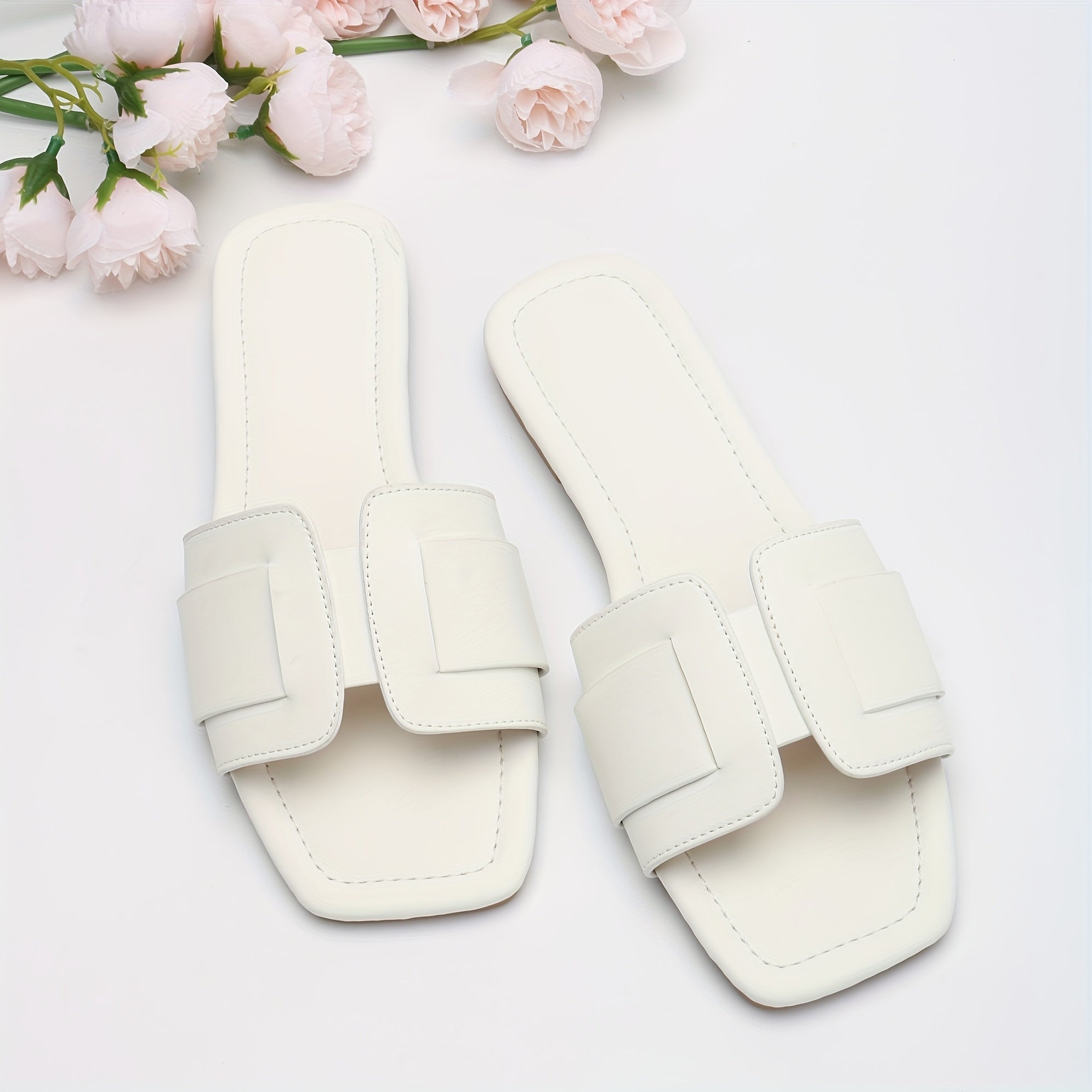 Women's Beige Flat Open Toe Sandals Slip-On Buckle Strappy Casual