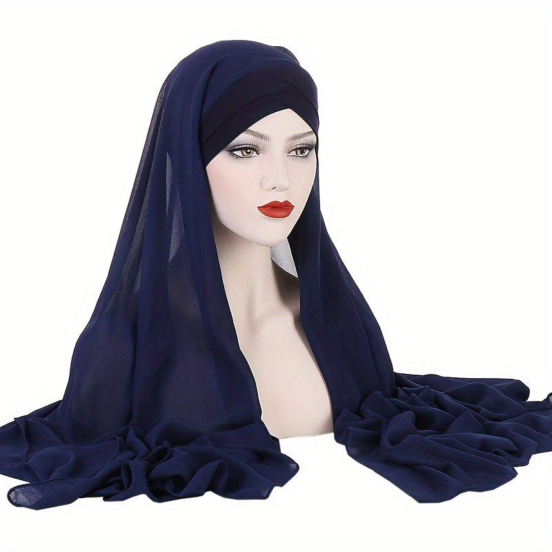 Women's Chiffon Instant Hijab Solid Color with Undercap and Breathable Elastic Forehead Band for Sun Protection