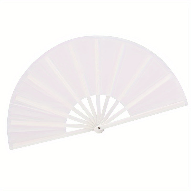 Large White Folding Hand Fan for Performances and Festivals Nylon Cloth