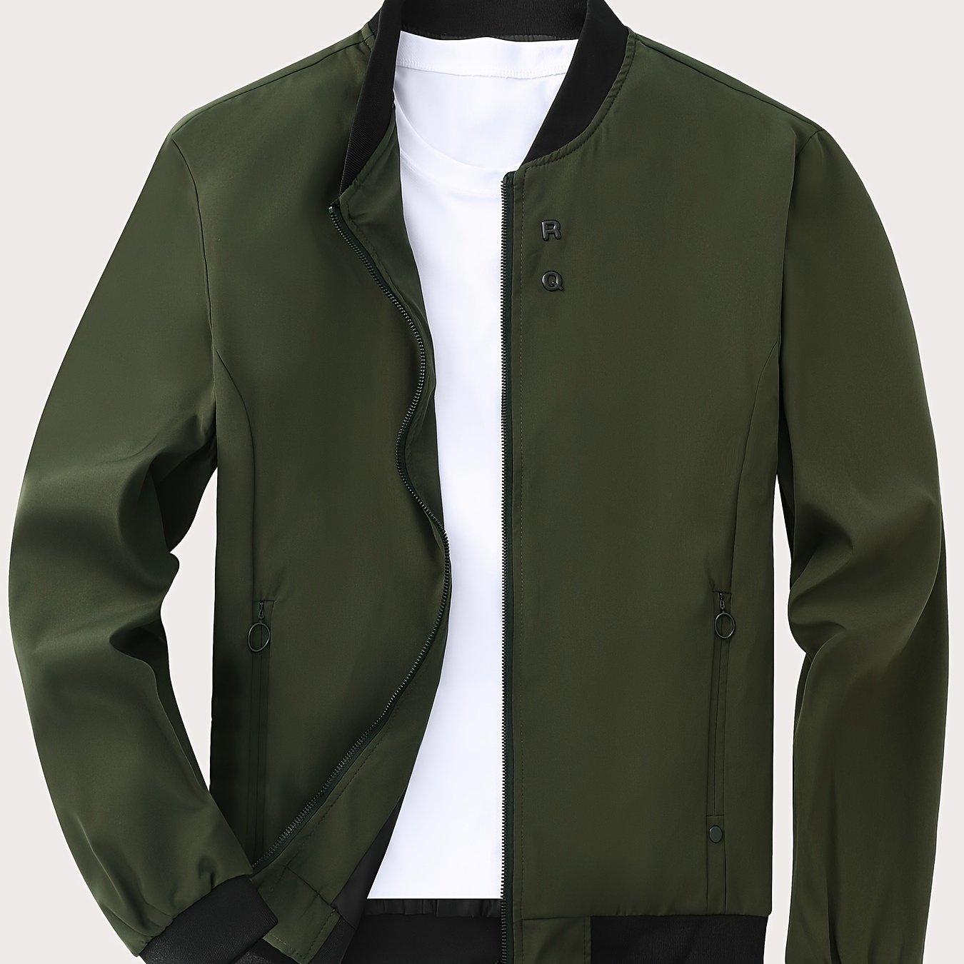 Men's Solid Color Polyester Zipper Jacket with Stand Collar Long Sleeves Casual All-Season