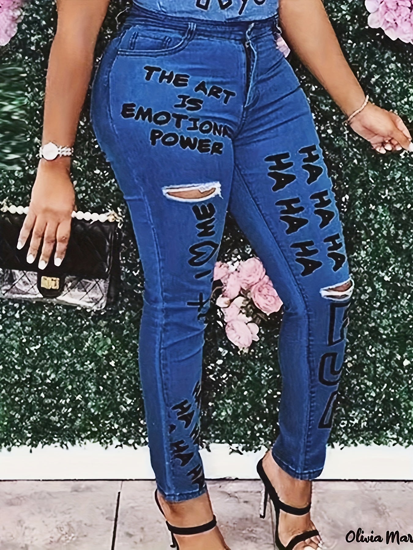 Plus Size Women's Ripped Skinny Jeans High Rise Medium Stretch