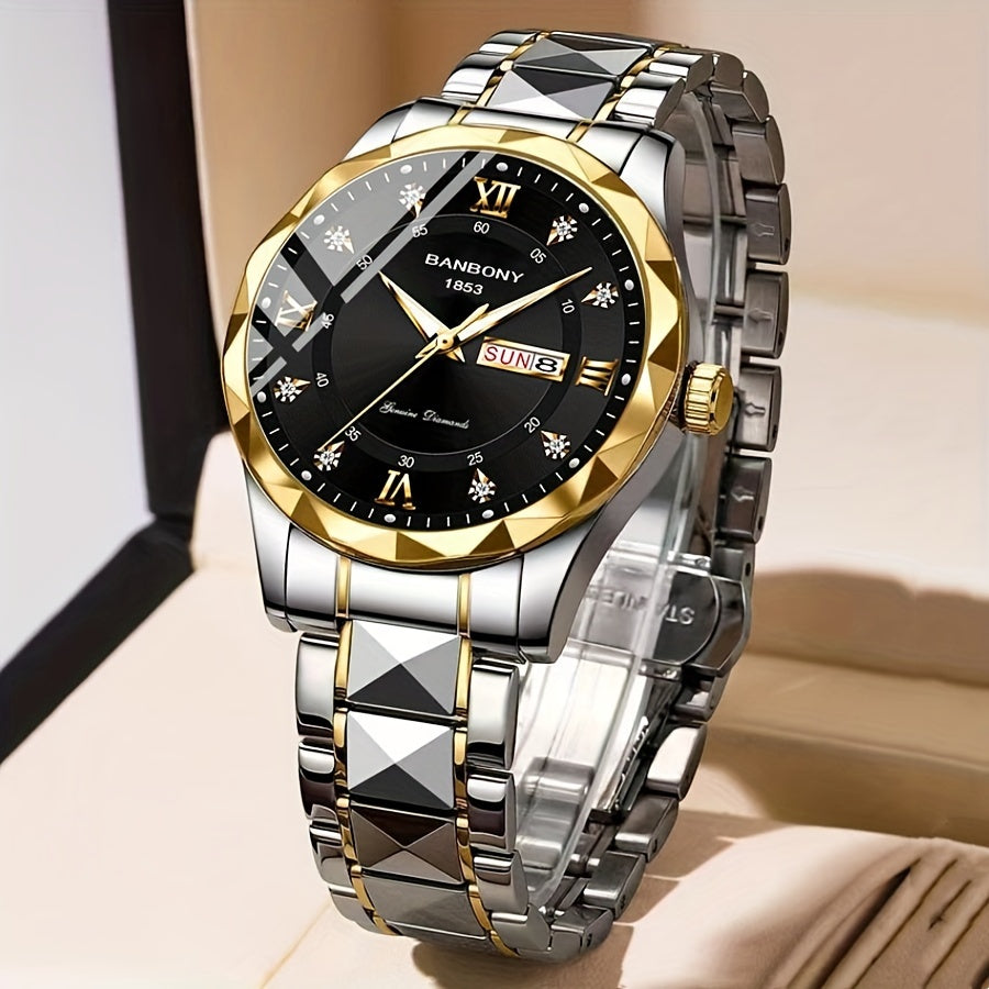 Men's Stainless Steel Watch with Roman Numerals Dial and Rhinestones