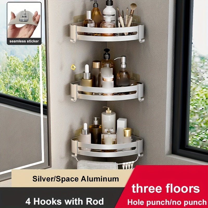 Wall-Mounted Bathroom Storage Rack Aluminum No-Drill Shower Shelf for Shampoo and Cosmetics