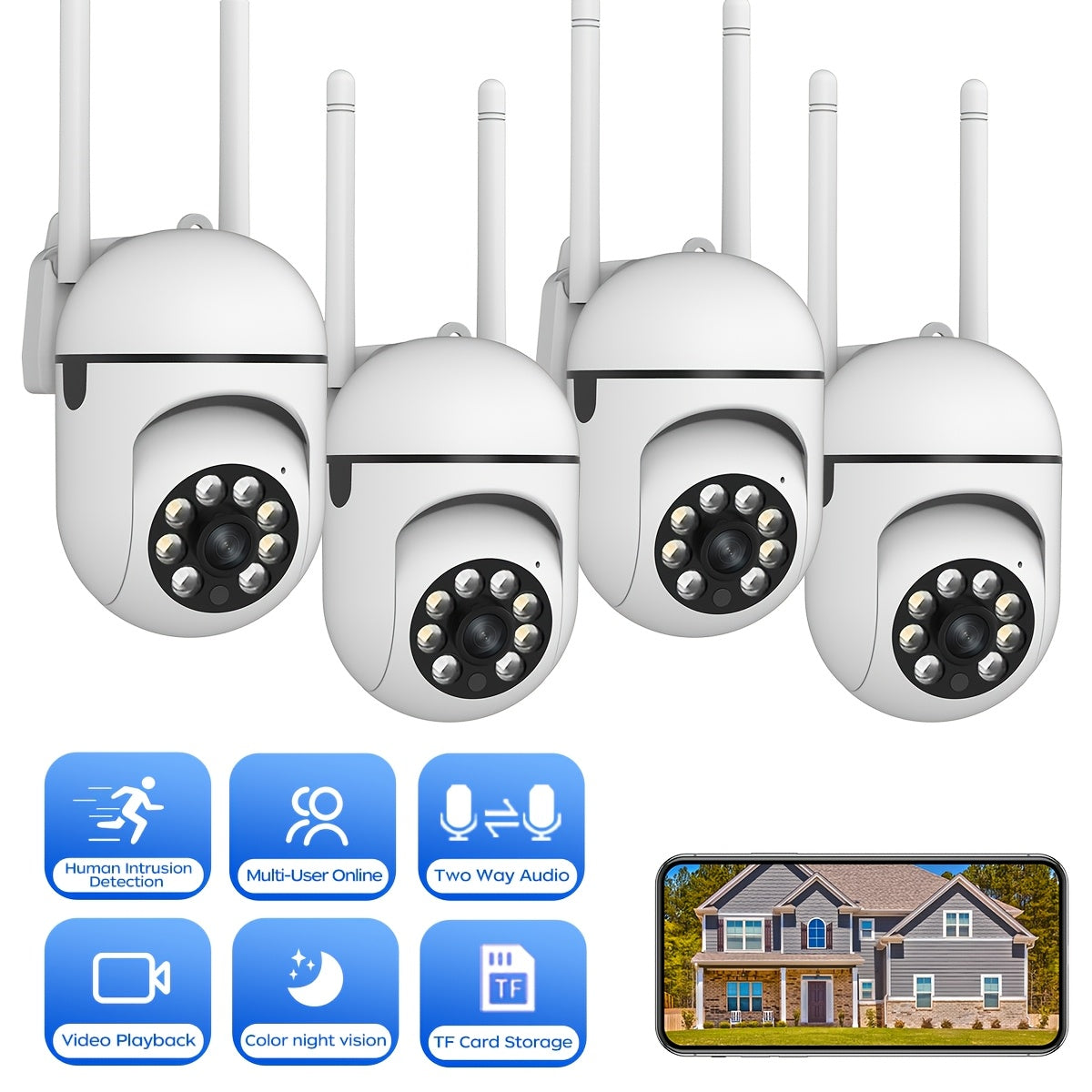 Indoor Outdoor Wi-Fi Smart Security Camera with Night Vision PTZ Intercom Alarm