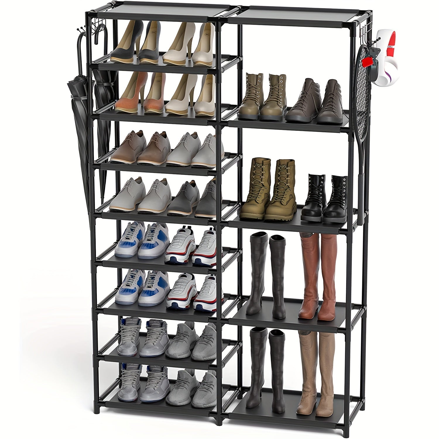 Black Shoe Rack Tall Storage Organizer for Garage Holds 24-35 Pairs with Hooks