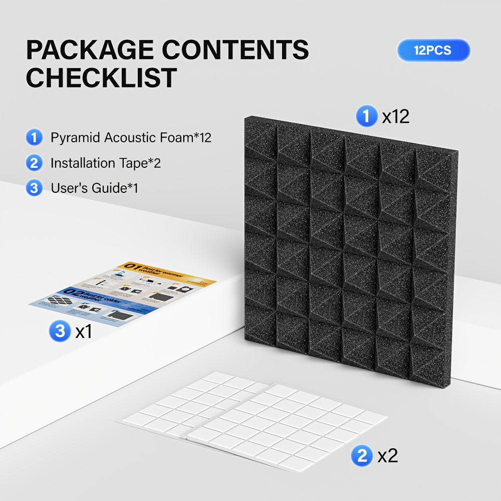 12-штукатурных панелей из акустической пены в пирамидальной форме для звукоизоляции, студии звукозаписи, дома, белые, черные, серые